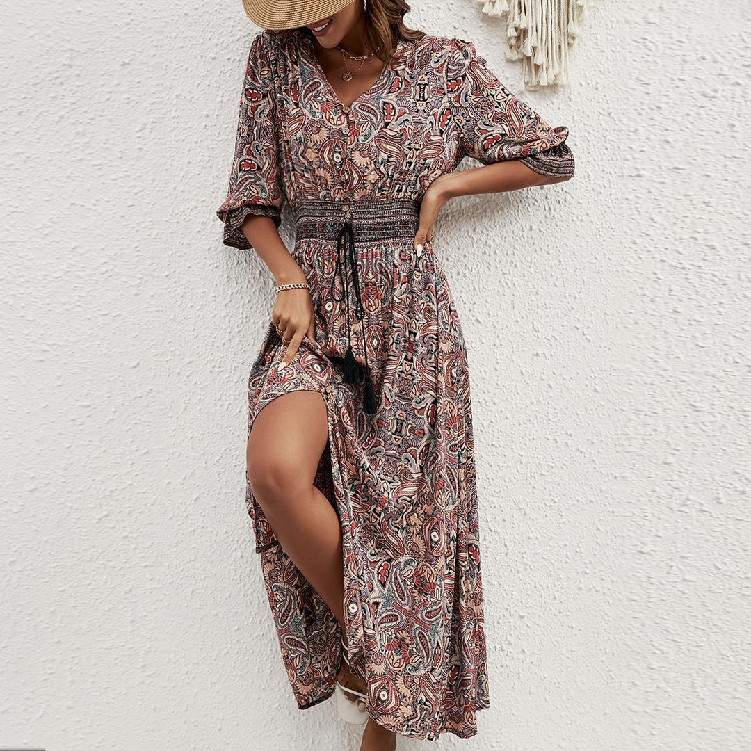 Damen Maxikleid mit abnehmbarem Taillengürtel und kunstvollem Muster EB