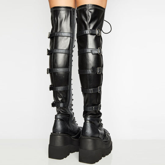 Damen Hochformatige Plateau-Stiefel mit modischem Reißverschluss und Schnür-Design EB