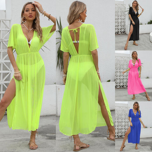 Damen elegantes Maxi-Kleid mit tiefem V-Ausschnitt und fließendem Rock EB