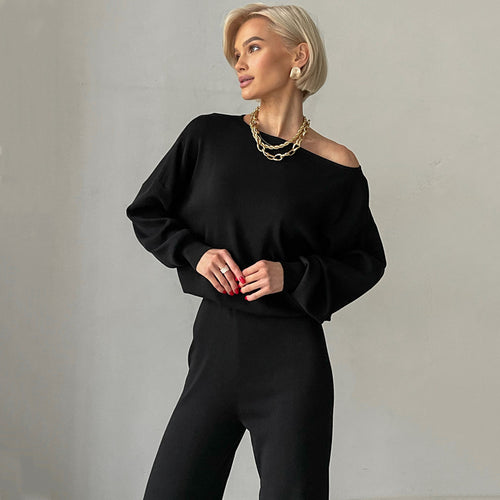 Damen lässiges Strickanzug-Set mit weitem Schnitt und modischen Details EB