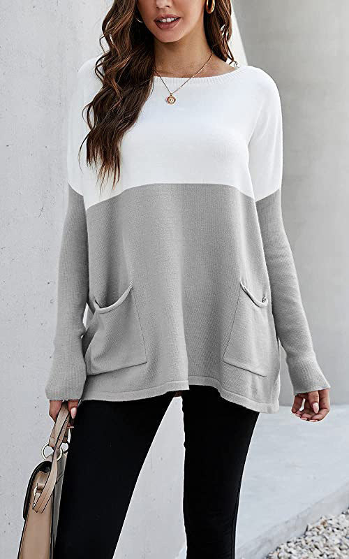 Damen Strickpullover mit großen Fronttaschen und kontrastiertem Design EB