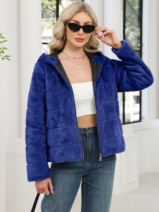 Damen Kuschelige Oversized-Fleecejacke mit Reißverschluss und Kapuze EB