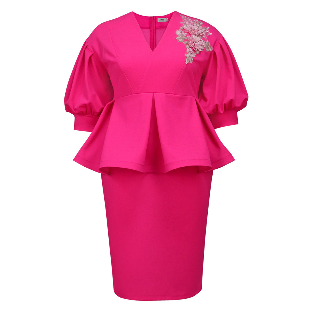 Damen elegantes A-Linien Kleid mit modischen Puffärmeln und floralem Akzent EB