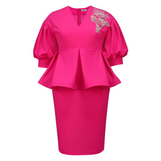 Damen elegantes A-Linien Kleid mit modischen Puffärmeln und floralem Akzent EB