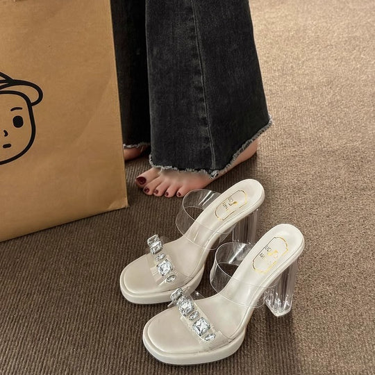 Damen Glamouröse Plateau-Sandalen mit durchsichtigen Riemen und funkelnden Kristall-Akzenten EB