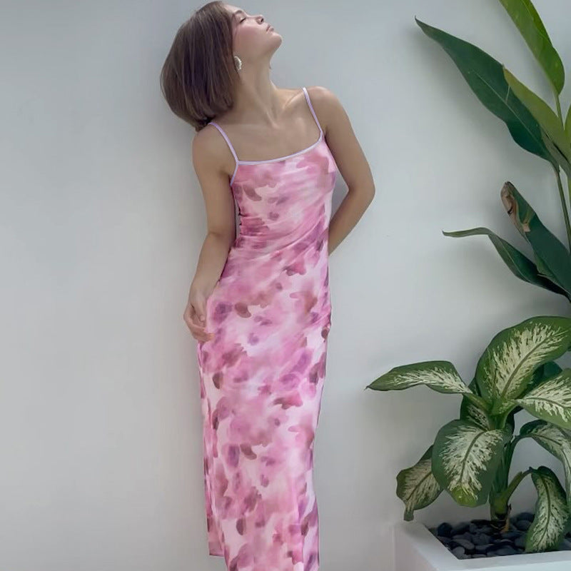 Damen Maxikleid mit zarten Spaghetti-Trägern und floralem Muster EB