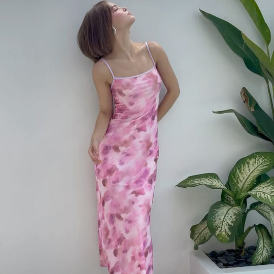 Damen Maxikleid mit zarten Spaghetti-Trägern und floralem Muster EB