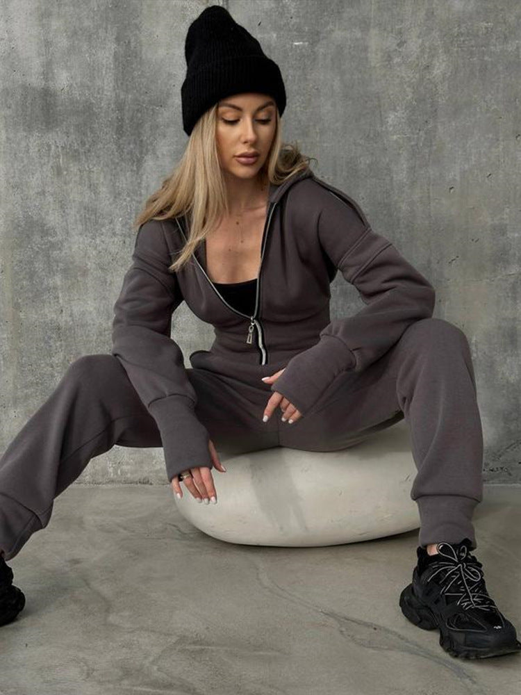 Damen Figurbetontes Kapuzen-Loungewear-Set mit tailliertem Zip-Hoodie und High-Waist Jogginghose EB