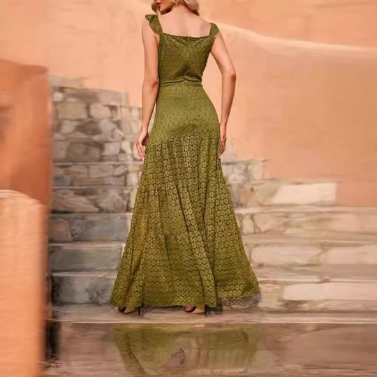 Damen Maxikleid mit exquisite Häkelstruktur und fließendem Rock EB