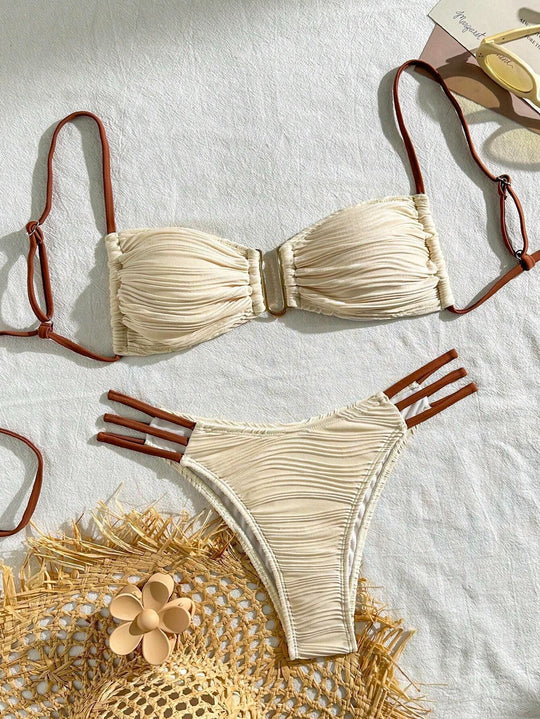 Damen Bandeau-Bikini mit raffiniertem Falten-Design und seitlichen Bindebändern EB