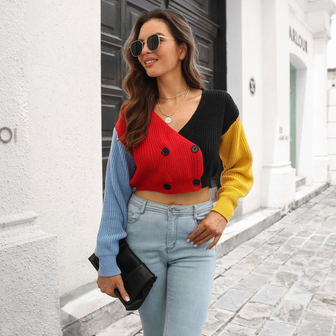 Damen cropped Strickjacke mit modischem Farbblock-Design EB