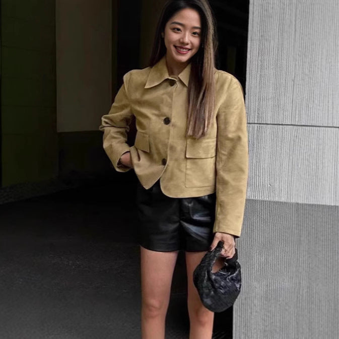 Damen Elegante Kunstlederjacke mit angedeuteten Taschen EB
