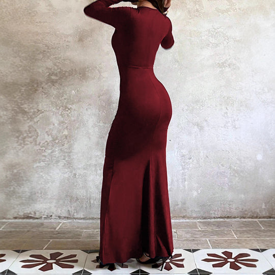 Damen nan eng anliegendes Abendkleid mit langen Ärmeln, geraffter Taille und asymmetrischem Volant EB