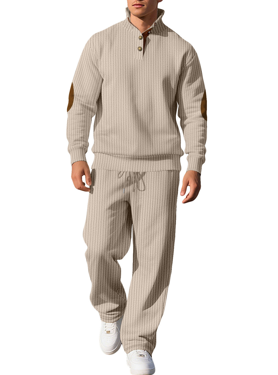 Herren nan feiner Rippstrickpullover mit halber Knopfleiste hohem Stehkragen und kontrastierendem Suedine-Ellbogenbesatz EB