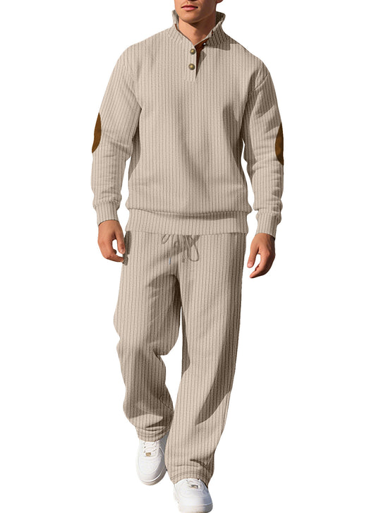 Herren nan feiner Rippstrickpullover mit halber Knopfleiste hohem Stehkragen und kontrastierendem Suedine-Ellbogenbesatz EB