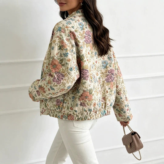 Damen Florale Jacquard-Steppjacke mit Stehkragen und elastischem Saum EB