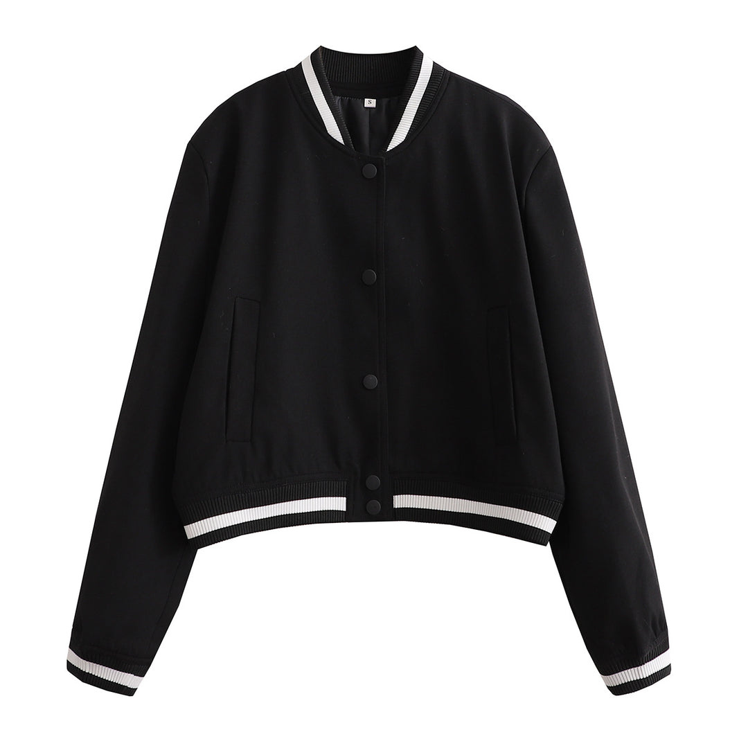 Damen Kurz geschnittene Collegejacke mit Rippbündchen und Druckknöpfen EB