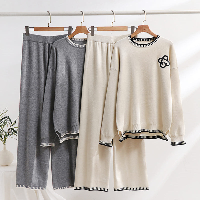 Damen lässiges Strick-Loungewear-Set mit dekorativen Kontrastdetails EB