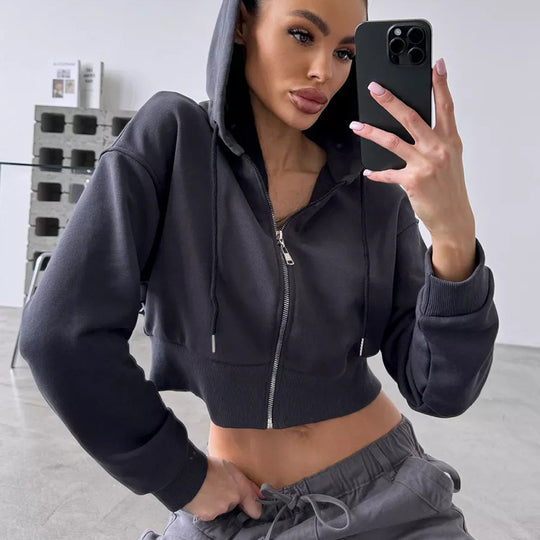 Damen Cropped Hoodie mit Reißverschluss und lässigem Schnitt EB