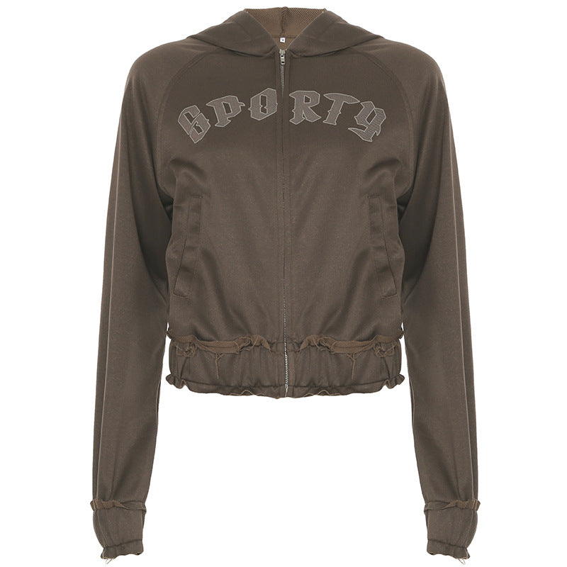 Damen nan taillierte Cropped-Kapuzenjacke mit durchgehendem Reißverschluss, elastischem Abschlussbund und dekorativem College-Print EB