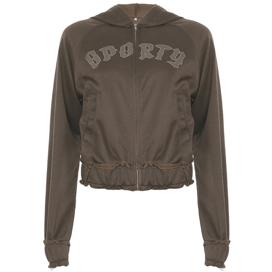 Damen nan taillierte Cropped-Kapuzenjacke mit durchgehendem Reißverschluss, elastischem Abschlussbund und dekorativem College-Print EB
