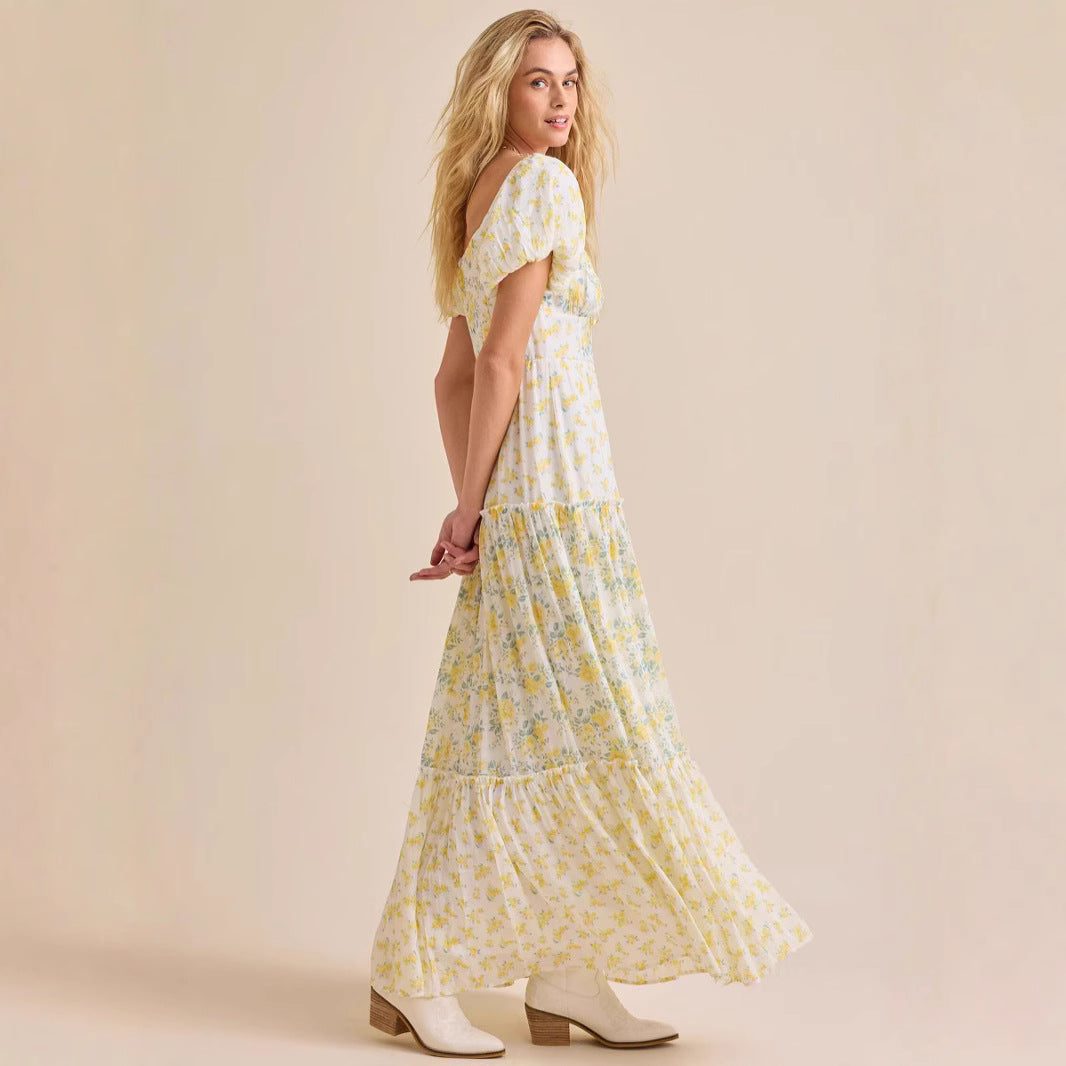 Damen Maxikleid mit blumigem Design und hochwertigen Puffärmeln EB