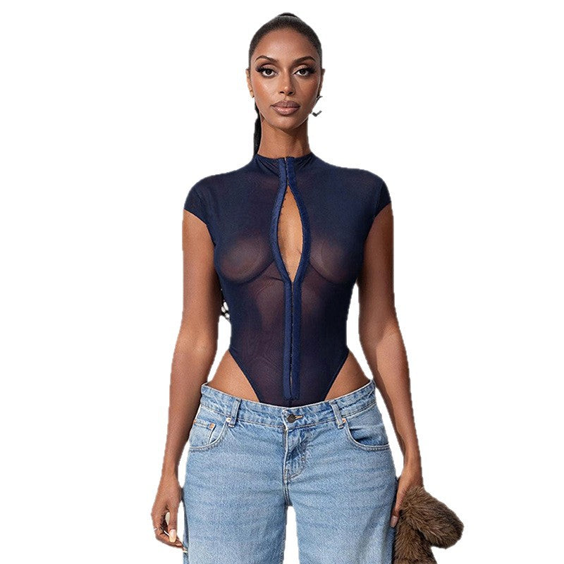 Damen Body mit transparentem Oberteil und raffiniertem Reißverschluss EB