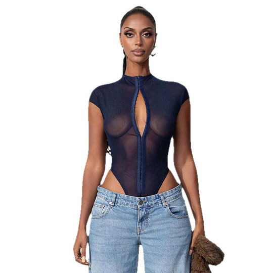 Damen Body mit transparentem Oberteil und raffiniertem Reißverschluss EB