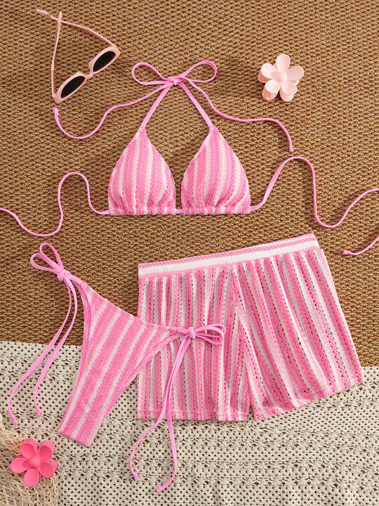 Damen Bikinikombination mit gestreiftem Design und lässigen Shorts EB