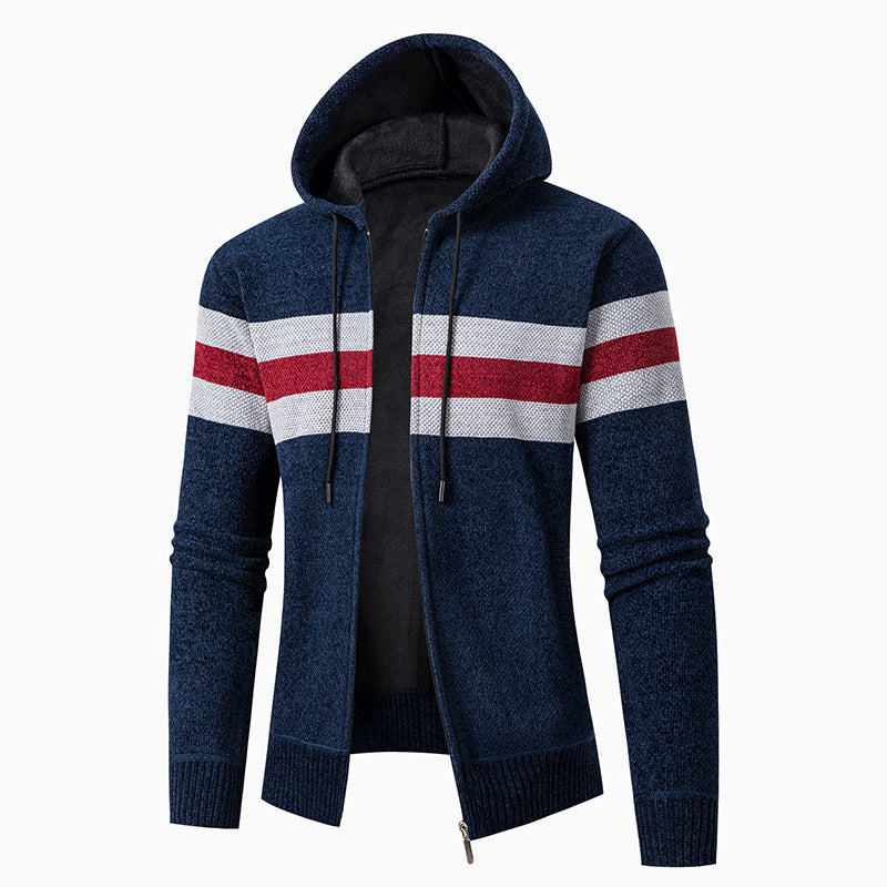 Herren lässiger Strickjacke mit Kapuze und Kontraststreifen EB