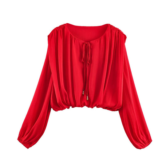 Damen nan luftige Boho Carmen-Bluse mit Kordelzug, weiten Ballonärmeln und elastischem Saum EB