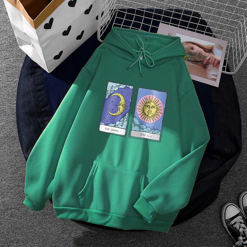 Damen nan leichter Oversize Kapuzenpullover mit Herz‑EKG‑Motiv, langen Kordeln und elastischem Bund EB
