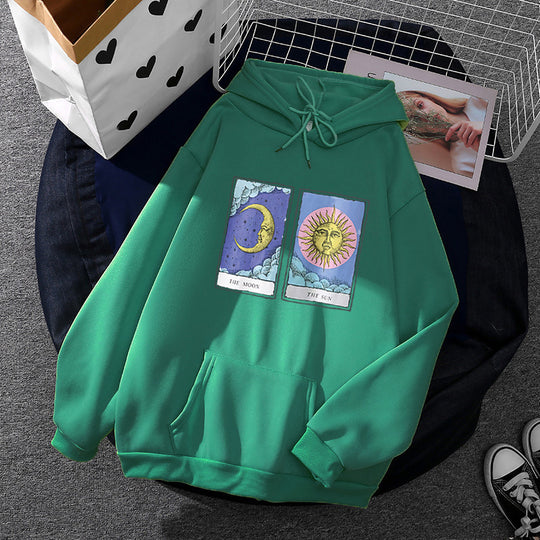 Damen nan leichter Oversize Kapuzenpullover mit Herz‑EKG‑Motiv, langen Kordeln und elastischem Bund EB