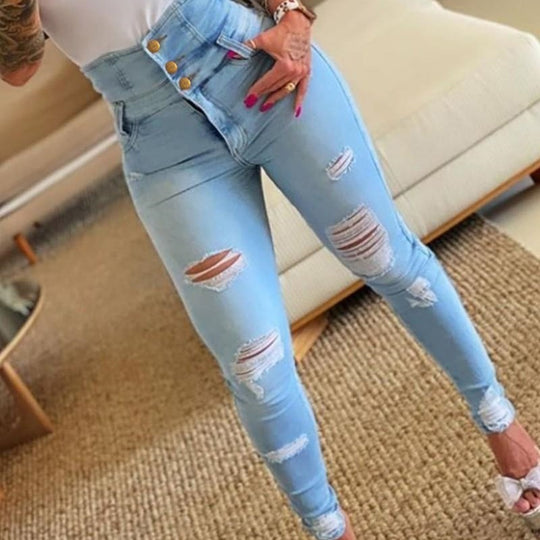 Damen High-Waist Denim Jeans mit modischen Destroyed-Details EB