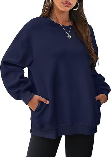Damen nan lässiger Oversize-Sweatpullover mit seitlichen Eingrifftaschen, geripptem Saum und überschnittener Schulter EB