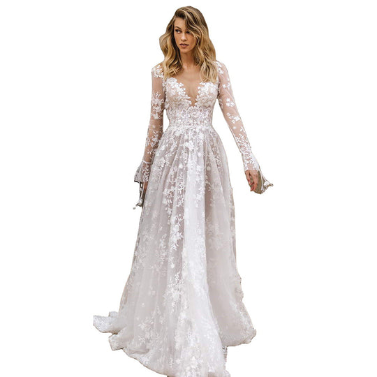 Damen Elegantes Hochzeitskleid mit floralen Spitzenapplikationen und tiefem V-Ausschnitt EB