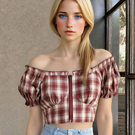 Damen Cropped Bluse mit Puffärmeln und Reißverschluss EB