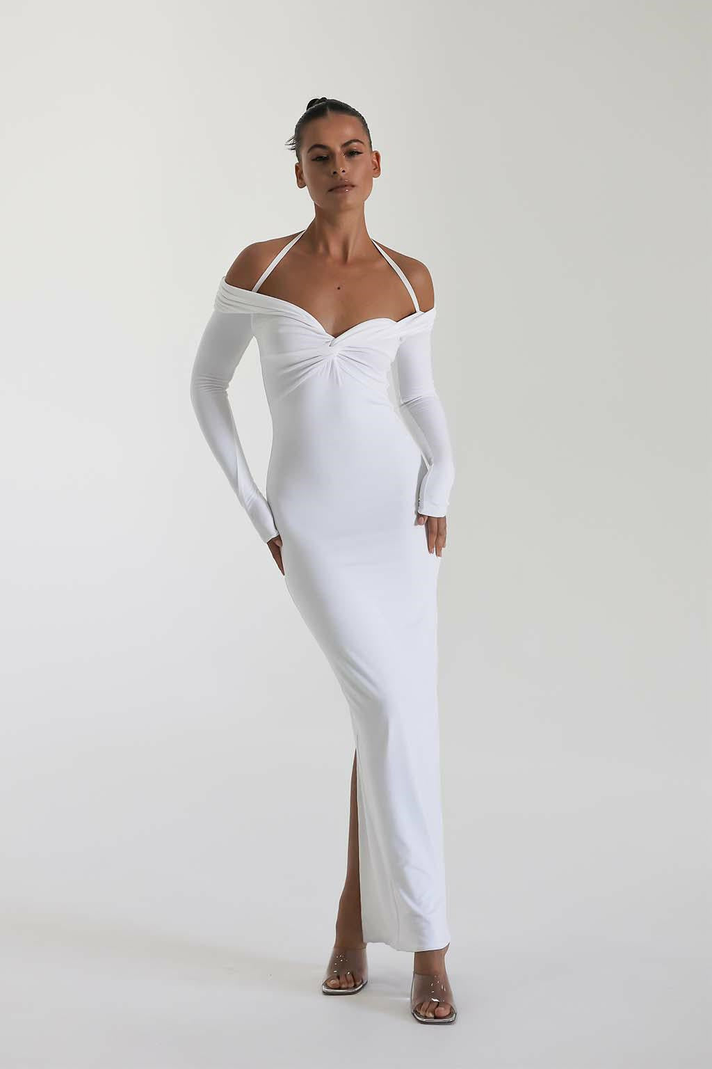 Damen Maxi-Kleid mit Off-Shoulder Design und elegantem Schlitz EB