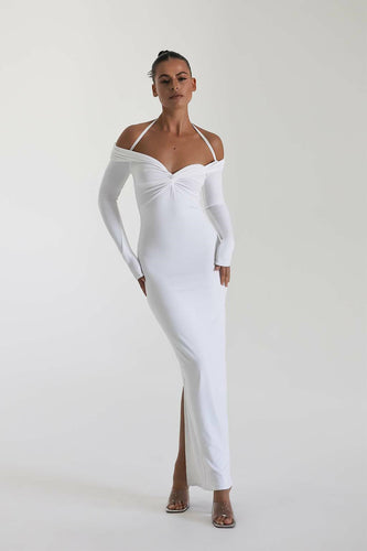 Damen Maxi-Kleid mit Off-Shoulder Design und elegantem Schlitz EB