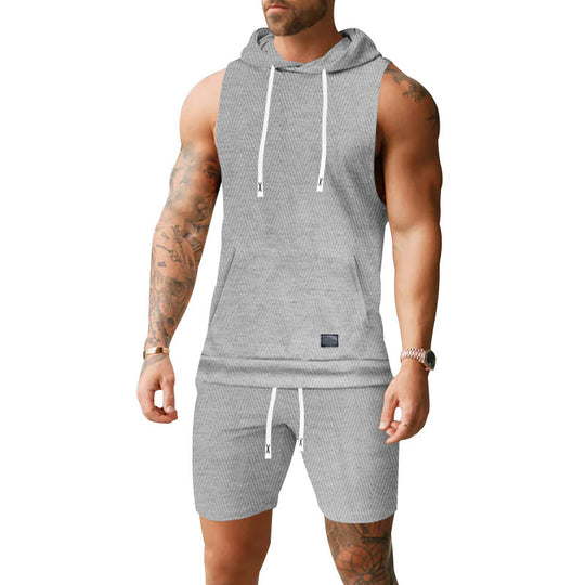 Herren nan ärmelloses Kapuzenweste-Set aus strukturiertem Baumwollmix mit Kängurutasche und Tunnelzug-Shorts EB