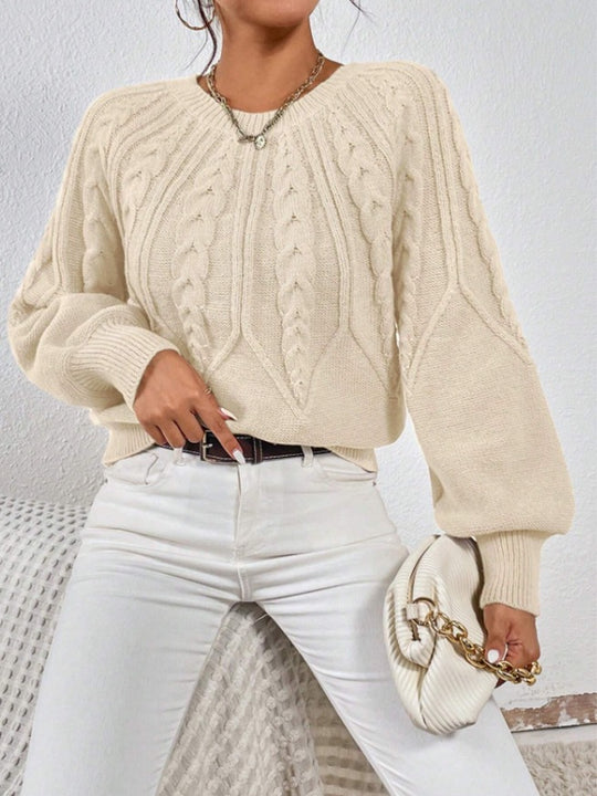 Damen nan kurzer Zopfmuster-Strickpullover mit Ballonärmeln und geripptem Saum EB