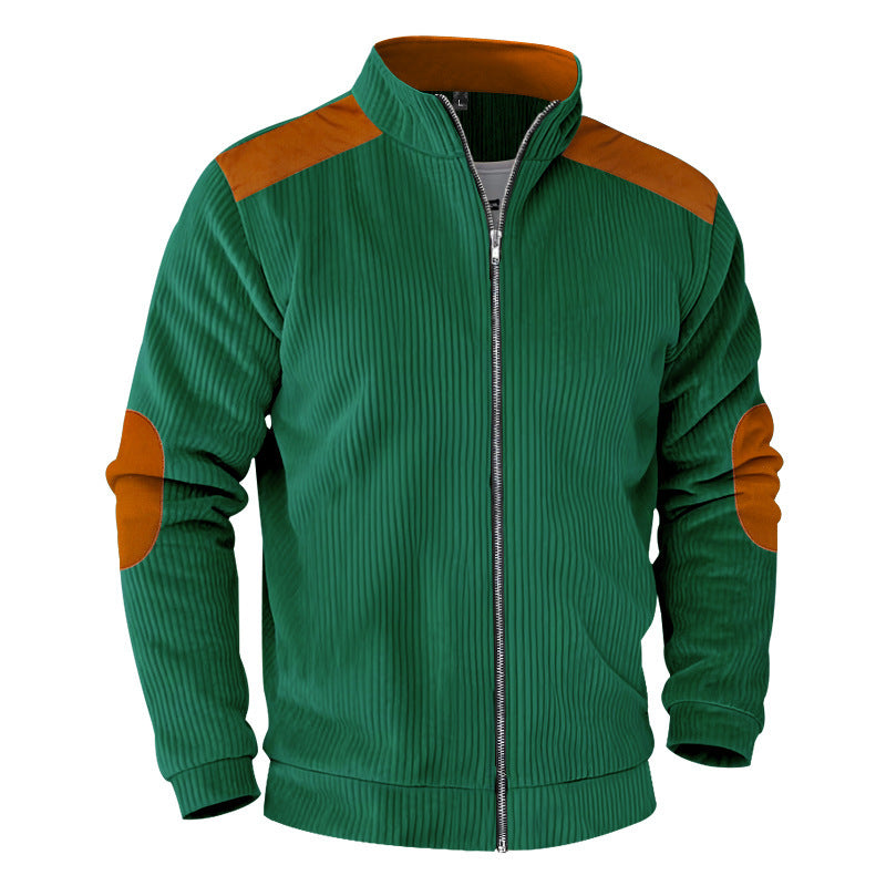 Herren nan gerippte Stehkragen-Sweatjacke mit durchgehendem Reißverschluss, Schulter- und Ellbogen-Patches EB
