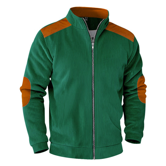 Herren nan gerippte Stehkragen-Sweatjacke mit durchgehendem Reißverschluss, Schulter- und Ellbogen-Patches EB