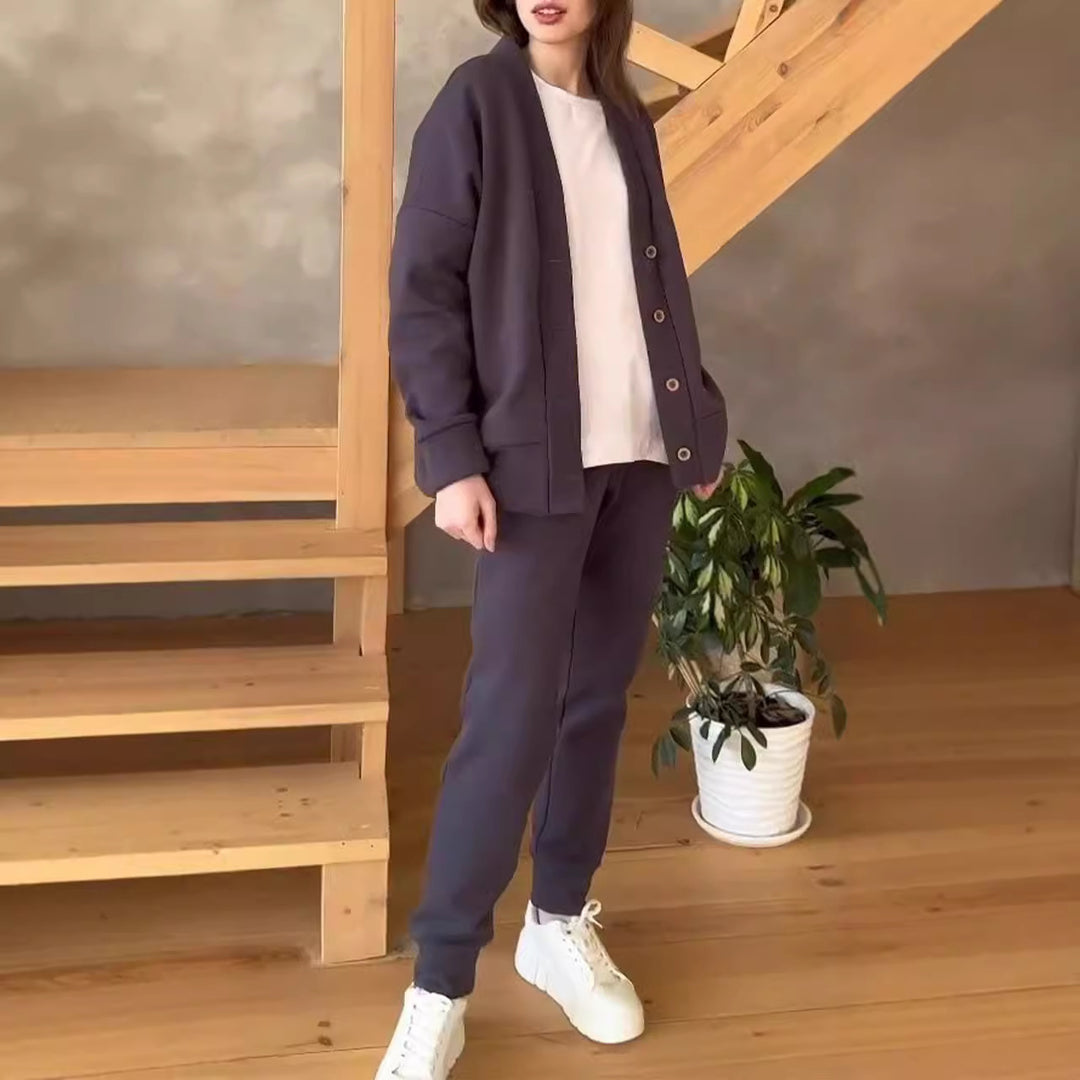 Damen lässige Oversized Sweatjacke mit Knöpfen EB