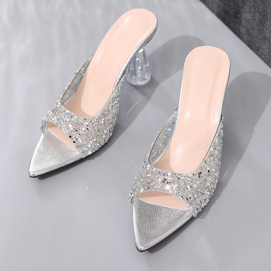 Damen Glamouröse und funkelnde High Heels mit transparentem Blockabsatz EB
