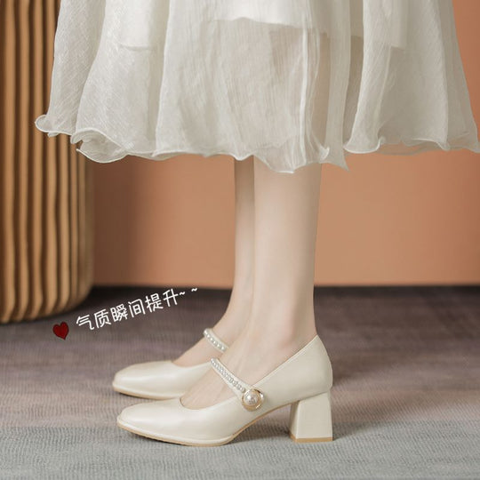 Damen Mary Jane Pumps mit elegantem Perlenschmuck und Blockabsatz EB