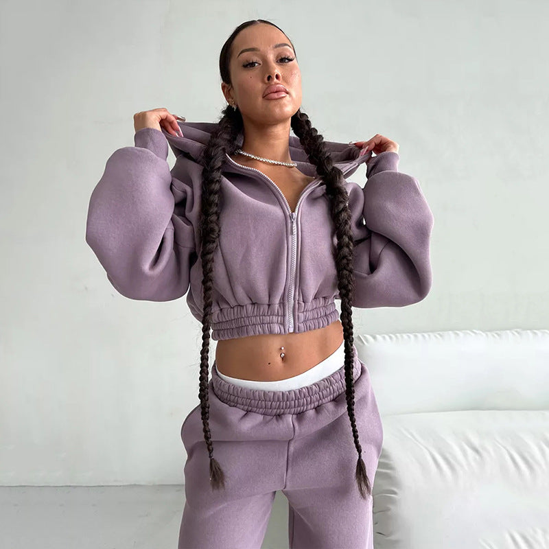 Damen Taillierter Zip-Overall im Loungewear-Stil mit Kapuze, Balloonärmeln und hoher Bundkante EB