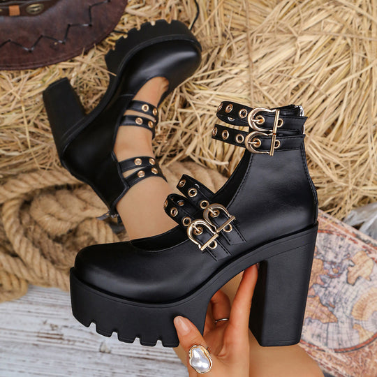 Damen Plateau-Stiefeletten mit verstellbaren Riemen und goldenen Schmuckdetails EB