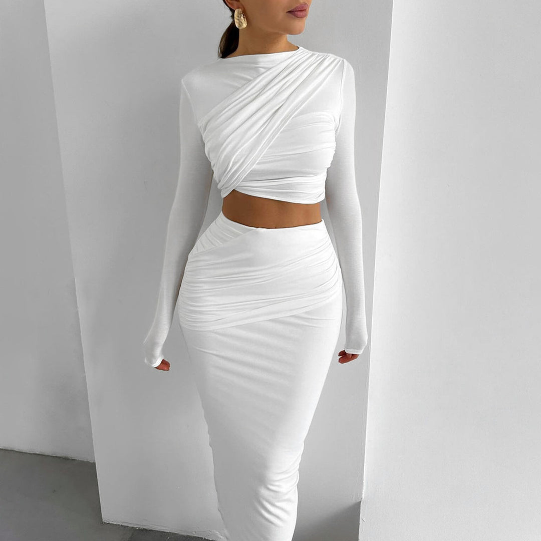 Damen Elegantes Wickeloberteil und Maxi-Rock Set mit langen Ärmeln und figurbetonter Silhouette EB