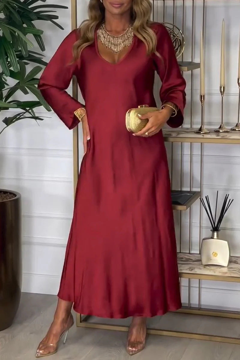Damen elegantes Maxikleid mit tiefem V-Ausschnitt und fließendem Schnitt EB